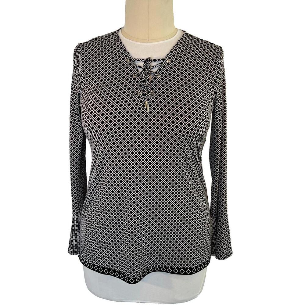 Michael Kors Women's L Blouse Laced V-Neck Geometric Long Sleeve Flared Cuffs